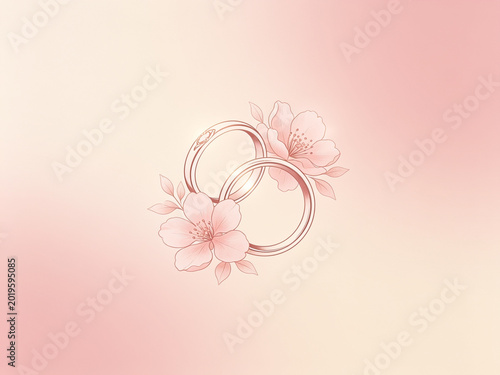 Elegant Interlinked Rings Adorned with Delicate Cherry Blossoms, Symbolizing Eternal Love and Springtime Romance on a Soft Pink Gradient