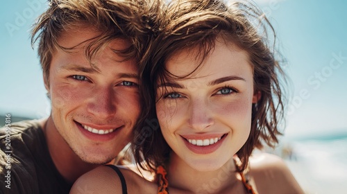 Close up portrait photograph of a happy young couple smiling together while enjoying a sunny summer day at the beach