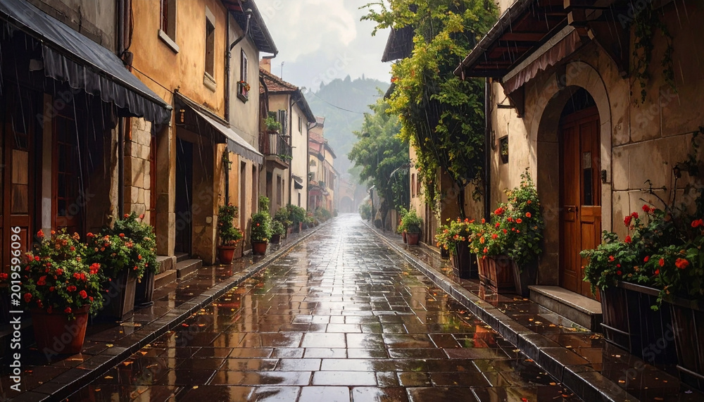 Fototapeta premium Cobblestone street buildings artwork