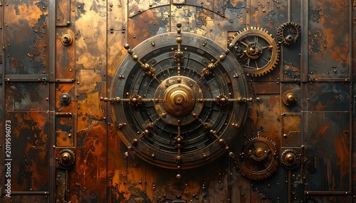 Rusty Industrial Vault Door with Mechanical Gears on Weathered Metal Wall