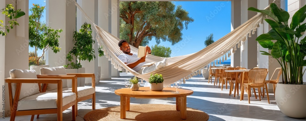 Fototapeta premium Man relaxing in an elegant hammock reading on a sunny Mediterranean terrace with plants