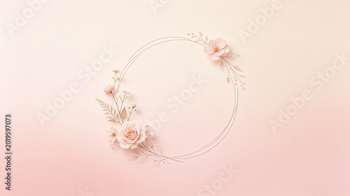 Elegant floral circle frame with soft pink roses and delicate greenery, perfect for wedding invitations or feminine branding