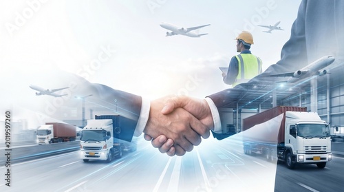 Professional business partners shake hands to seal a successful deal within the global logistics and international freight shipping industry sector.