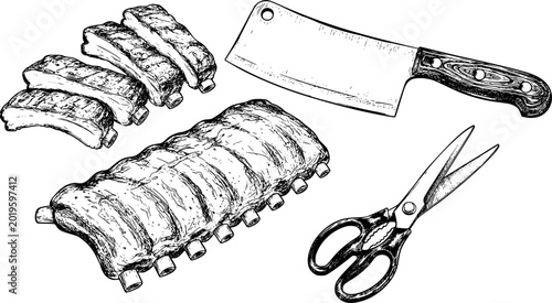 Foto Hand-drawn of raw pork ribs with butcher knife and kitchen scissors meat food