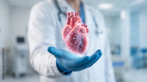 A glowing anatomical human heart model floats above a gloved hand featuring digital data overlays for advanced medical research analysis
