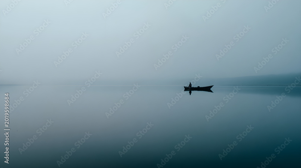 Naklejka premium Lone person rowing a small wooden boat across a vast calm lake under a thick dense foggy sky creating a minimalist atmospheric scene of quiet solitude