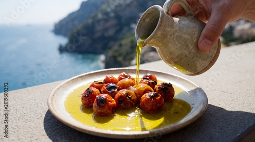 Pouring Olive Oil on Roasted Tomatoes Overlooking Amalfi Coast