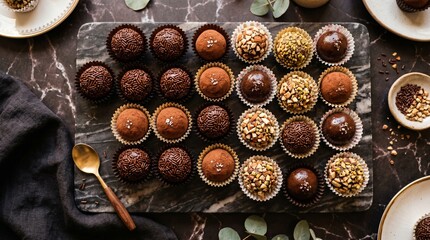 Tableau sur toile  Luxury Assorted Chocolate Brigadeiros and Truffles on Marble Serving Platter  © Sadia