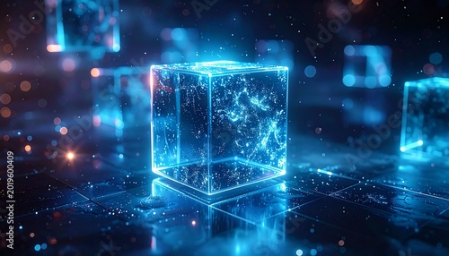 Transparent Digital Blocks Exchanging Data Signals – Modern Blockchain Network Scene