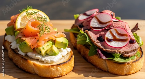 Gourmet bruschetta duo smoked salmon and roast beef appetizers