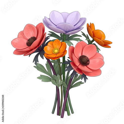 Bouquet of Anemone Flowers in Various Colors