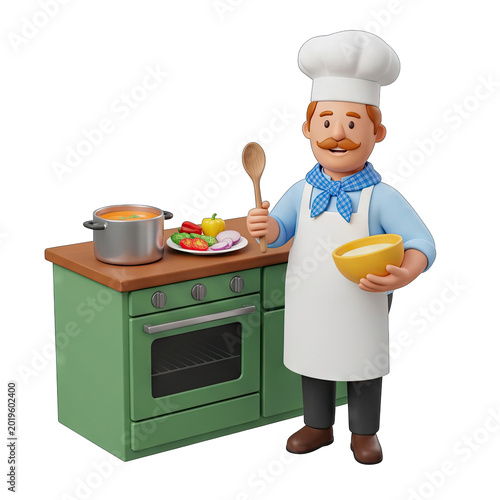 Cartoon Chef with Cooking Utensils and Ingredients