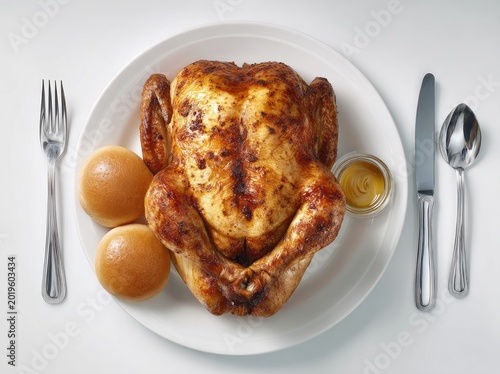 A roasted chicken sits atop a white plate, flanked by rolls, mustard, and silverware. Well-lit and appetizing