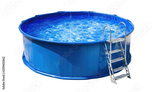 A round, above-ground backyard water container with blue walls, rippled water, and a metallic ladder for entry