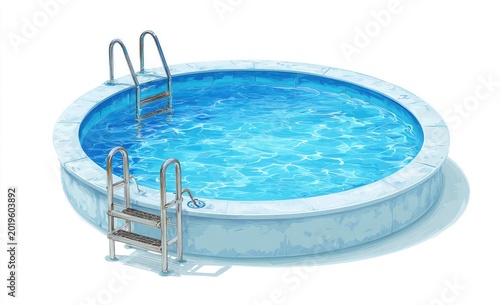 A round, above-ground pool filled with clear, rippling blue water, featuring two metal ladders for entry