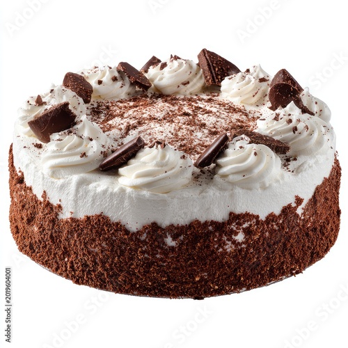 A round, appetizing dessert. It has a chocolate-crumb crust, white whipped-cream frosting, and chocolate pieces on top. Sprinkled cocoa powder