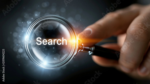 Magnifying glass with Search text held by a hand for internet data discovery concept