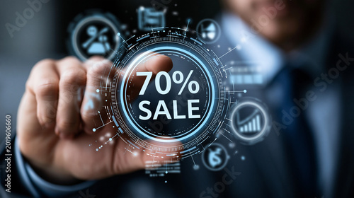 Businessman touching virtual screen with 70 percent sale discount offer