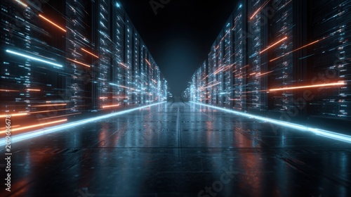 High-tech data center with glowing lines and digital virtual elements in a futuristic environment