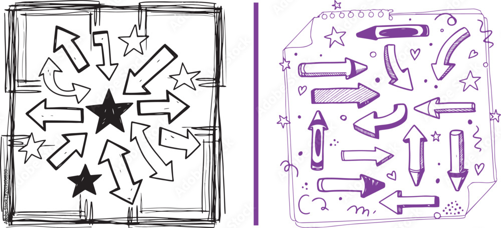 Fototapeta premium Hand-drawn doodle set featuring arrows, stars, and hearts in black and purple ink. Ideal for creative projects, bullet journaling, and educational presentations