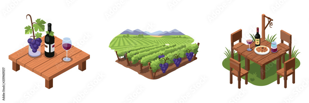 Obraz premium Wine tasting and vineyard dining icons displayed on white background