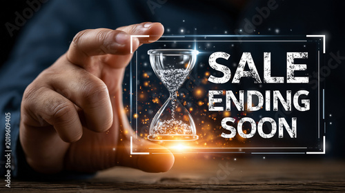 Hand holding a glowing digital frame with Sale Ending Soon text and hourglass icon, concept of urgency and limited time promotional offer