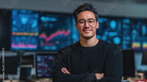 It professional standing confidently in a modern control room with multiple digital screens displaying financial graphs and data