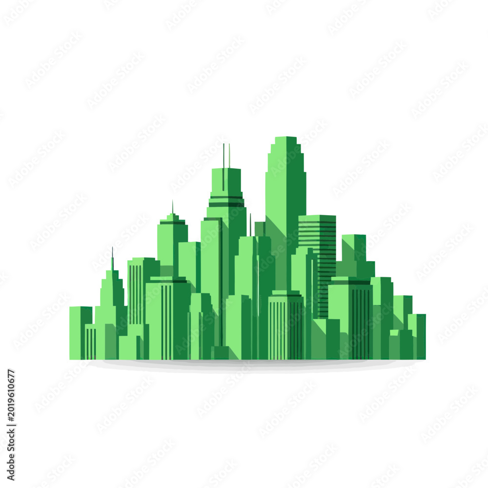 Fototapeta premium Green Cityscape Silhouette with Modern Skyscrapers and Shadows on White Background