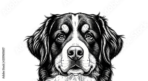 Billede på lærred Bernese Mountain Dog Portrait, Black and White Sketch Illustration