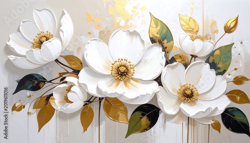 Elegant White Floral Arrangement with Golden Leaves on Soft Neutral Background