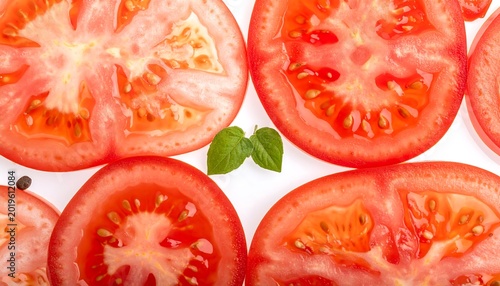 Fresh Red Tomato Slices Arranged on White Background with Green Basil Leaves