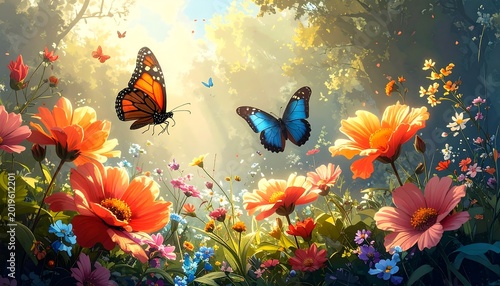 Colorful Butterflies Hovering Above Blooming Wildflowers in Sunlit Forest Meadow