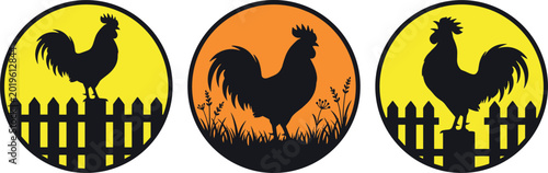 Bild auf Leinwand Rooster Silhouette Logo Set with Farm Fence and Sun for Poultry Farming, Organic