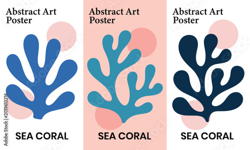 Photos Minimalist set of sea coral posters with organic cutout shapes and soft diffuse lighting creating a serene gallery exhibit