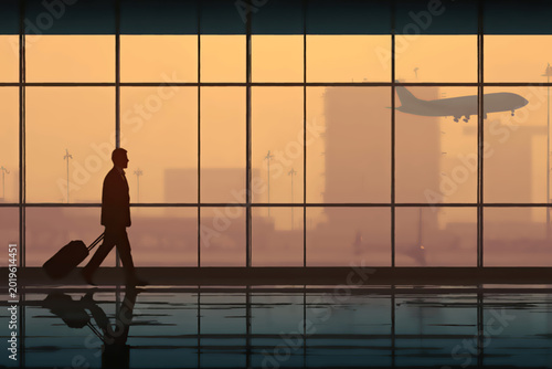 Traveler walking with suitcase in airport terminal at sunset, plane approaching