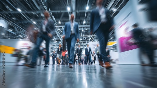Business people walking quickly through a large exhibition hall with various displays