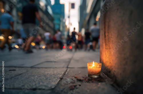 A single candle glows on a city sidewalk, with blurred figures walking in the background