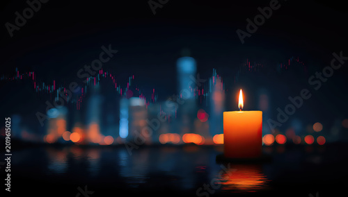 Illuminated candle against blurred city skyline with stock market graph