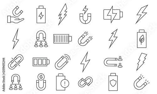 Simple magnet, charging icon set. Attraction, electromagnetism, conductor, inductance, battery, and more symbol. Editable stroke. Vector illustration.
