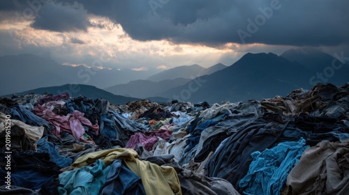 Mountainous landscape covered with a large pile of discarded, colorful fabric waste under a moody sky