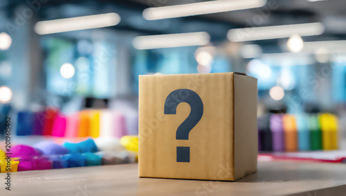 A small cardboard box with a question mark sits on a desk