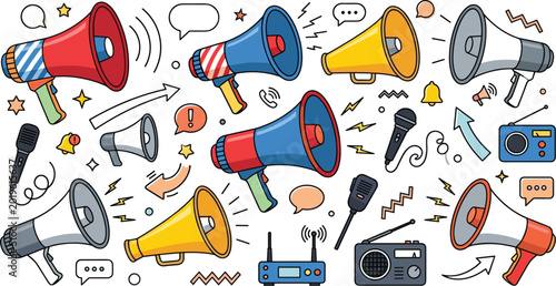 Photos Megaphone and Loudspeaker Icon Set with Retro Radios Microphones Speech Bubbles