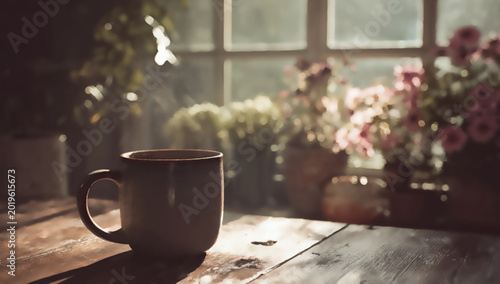 Steaming mug of coffee on a wooden table with blooming flowers nearby