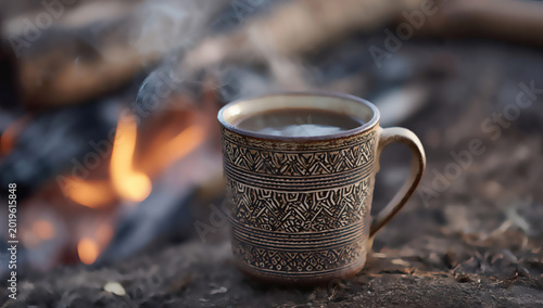 Warm mug of steaming coffee rests near a crackling campfire at dusk