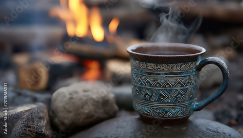 A steaming mug with intricate patterns sits near a crackling campfire