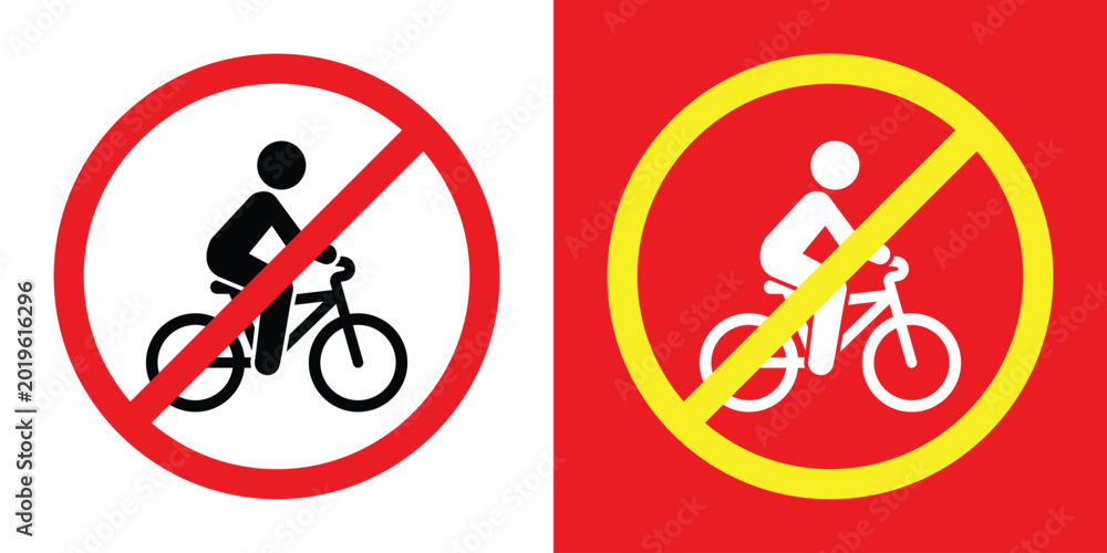 Fototapeta premium No cycling prohibition sign set. Includes a black bicycle icon in a red circle and a white icon in a yellow circle. Perfect for pedestrian zones, private property, and traffic control.