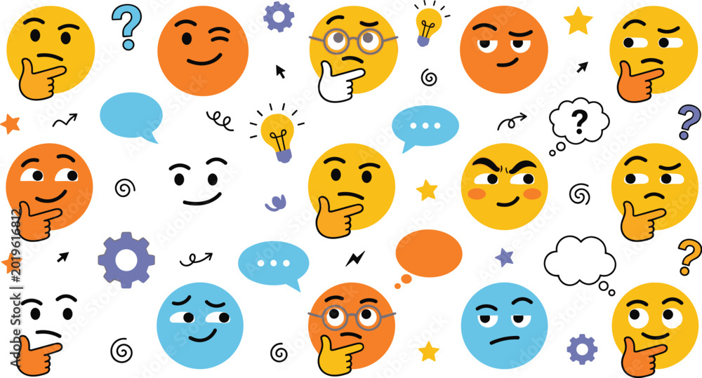 Obraz premium Thinking Emoji Face Icon Set with Confused Emoticons Question Marks Speech Bubbles and Lightbulbs Vector Illustration for Brainstorming and Problem Solving Concept