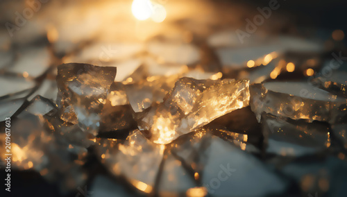 Sharp, fractured shards of clear material illuminated by warm, glowing light