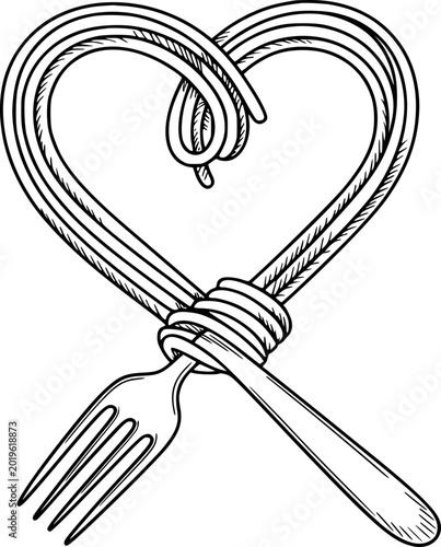 Fotografia Heart-shaped pasta entwined with crossed forks, hand-drawn white background food