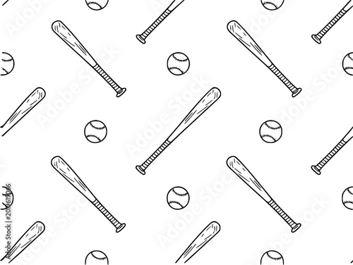 Canvas Print Seamless pattern of hand-drawn baseball bats and balls white background, sport g